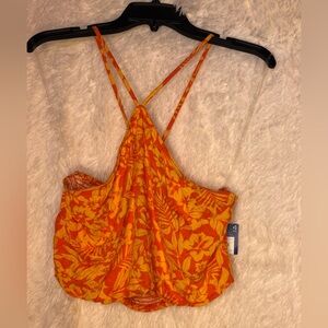 NWT Arizona Tropical Halter Crop Top – Orange & Yellow Floral – Size L